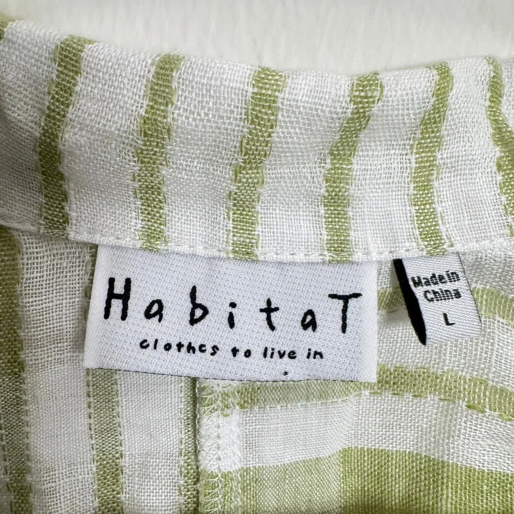 Habitat Womens Size L 100% Linen Striped Button Down Shirt Green White Relaxed - Picture 3 of 7